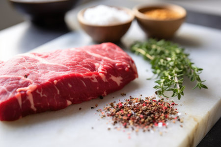 raw steak on a marble counter, herb rub in focus, created with generative aiの素材