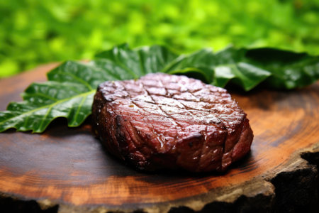 herb rub beef steak placed on a green leaf, created with generative aiの素材