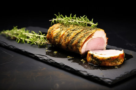 a rotating pork loin in herb crust on black slate dish, created with generative aiの素材
