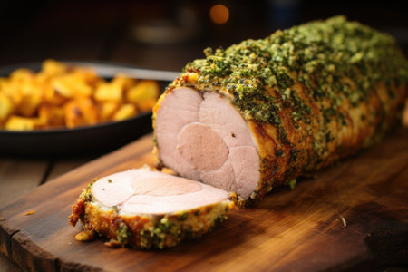 rotating pork loin with herb crust on a cut wood log, created with generative aiの素材