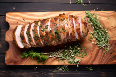 top view of rotating pork loin sidesprinkled with mixed herbs, created with generative aiの素材