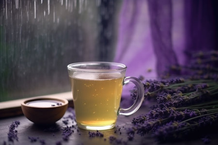 hot lavender tea on a window sill with raindrops on the glass, created with generative aiの素材