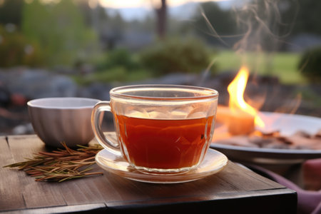 steaming rooibos tea in an outdoor setting with morning dew, created with generative aiの素材