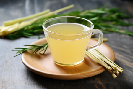 freshly brewed lemongrass tea with a stalk on the side, created with generative aiの素材