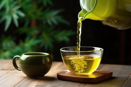 pouring green tea from a ceramic teapot into a cup, created with generative aiの素材