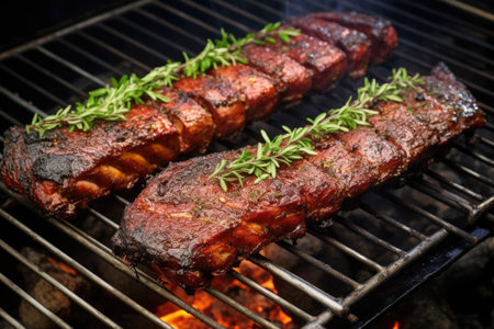 smoked ribs garnished with fresh herbs on a metal grill, created with generative aiの素材