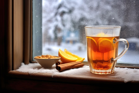 steaming glass of mulled cider in the foreground on a snowy windowsill, created with generative aiの素材