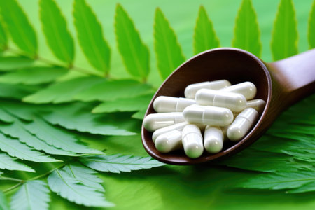 homeopathic pills in a spoon with green leaf background, created with generative aiの素材
