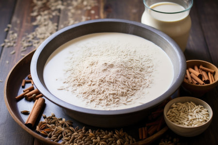 spices and rice being mixed to create horchata, created with generative aiの素材
