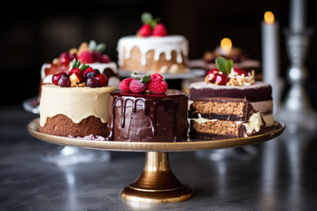 close-up of boxing day desserts on a cake stand, created with generative aiの素材