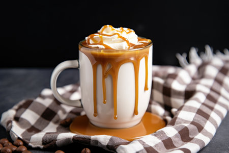 hot chocolate with a caramel drizzle on top, created with generative aiの素材