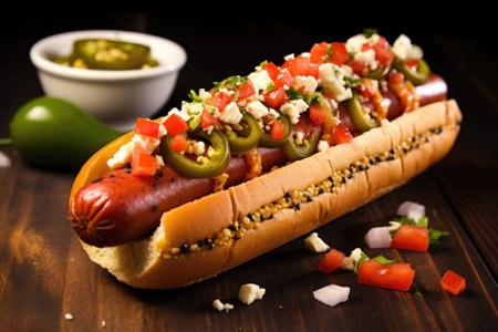 a hot dog with spicy jalapeno slices, created with generative aiの素材