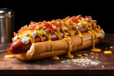 a hot dog with lots of cheese melting on top, created with generative aiの素材
