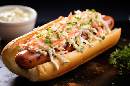 a hot dog topped with creamy coleslaw, created with generative aiの素材