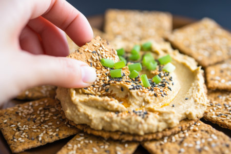 hand spreading hummus on a whole grain cracker, created with generative aiの素材