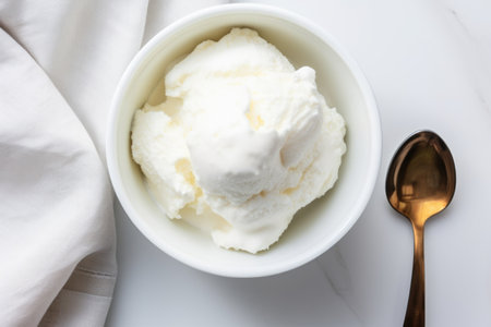 overhead shot of vanilla ice cream scoop in a white bowl, created with generative aiの素材
