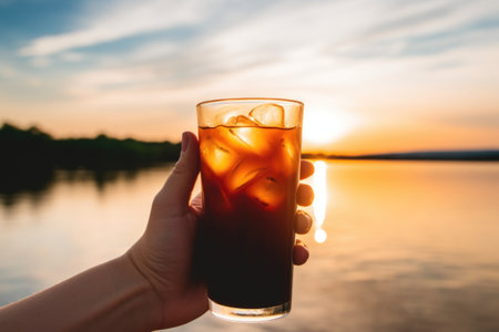hand holding a glass of iced coffee with sunset in the background, created with generative aiの素材