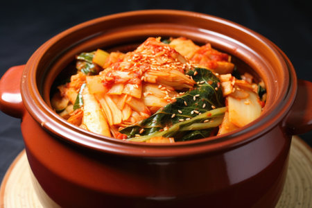 korean kimchi served in a red ceramic pot, created with generative aiの素材