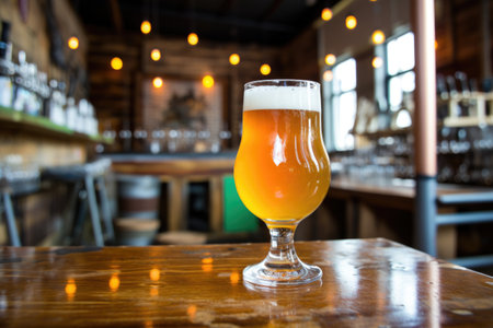 ipa in a guest beer glass with brewery in background, created with generative aiの素材