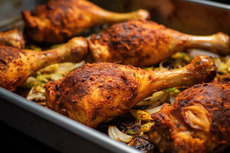 detail shots of jerk drumsticks in a baking tray, created with generative aiの素材