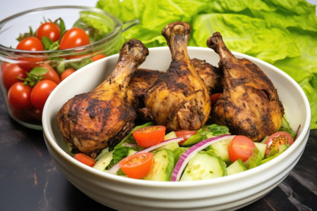 jerk drumsticks placed around a salad bowl, created with generative aiの素材
