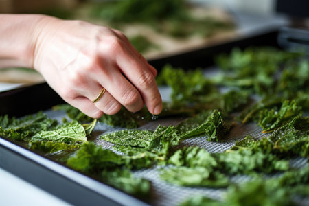 hand touching delicate, crispy edges of freshly baked kale chips, created with generative aiの素材