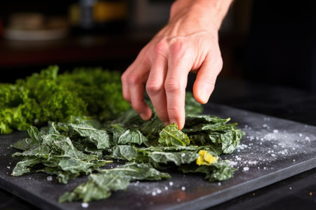 hand scattering kale chips on a slate board, created with generative aiの素材