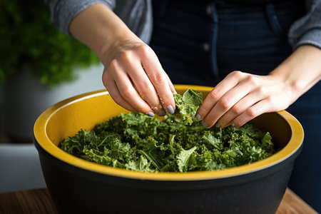 hand stirring a bowl of kale chips, created with generative aiの素材