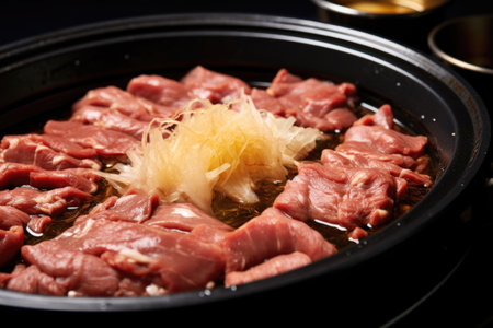 close-up of raw bulgogi beef being marinated in soy sauce, created with generative aiの素材