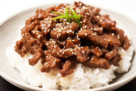 close-up of prepared bulgogi beef served over white rice, created with generative aiの素材