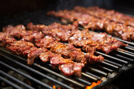 bulgogi beef strips sizzling on hot bbq grill, created with generative aiの素材
