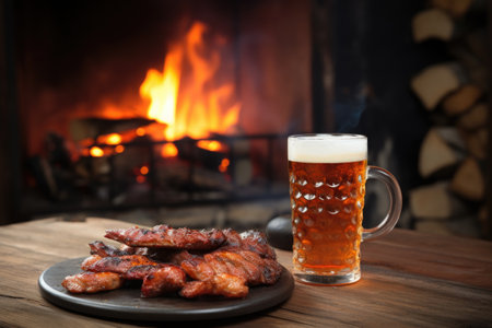 brimful lager pint on a wooden table, smoky sausages grilling in the background, created with generative aiの素材