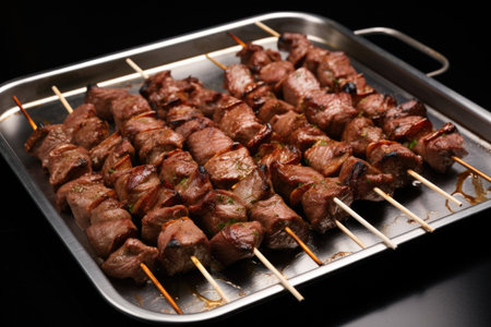 skewered lamb meat on a metal tray, created with generative aiの素材