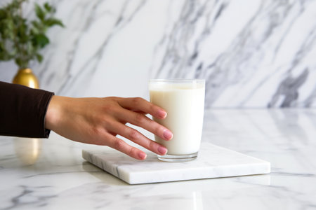 hand placing a latte cup on a marble countertop, created with generative aiの素材