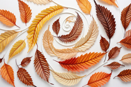 autumn leaves glued into a spiral pattern on a white board, created with generative aiの素材