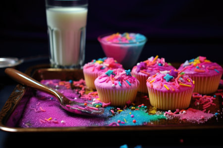 a tray with leftover cupcake and colorful sugar sprinkles, created with generative aiの素材