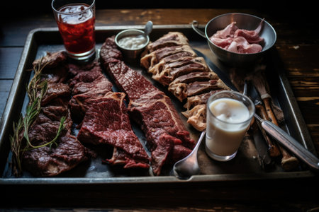 a serving tray full of half-eaten steak pieces and bones, created with generative aiの素材