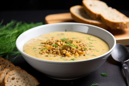 fission bread slice in a bowl of creamy lentil soup, created with generative aiの素材