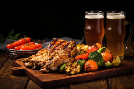 grilled chicken and vegetables with a craft light beer bottle, created with generative aiの素材