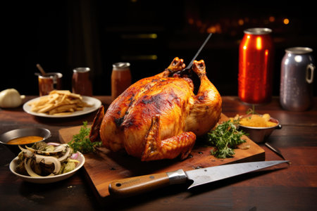 carving grilled chicken with a knife, beer can sitting at tabletop, created with generative aiの素材