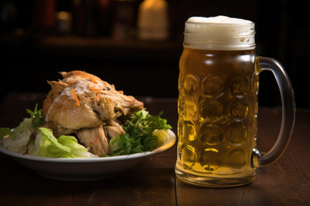 ornate beer mug filled with light beer beside a chicken salad, created with generative aiの素材