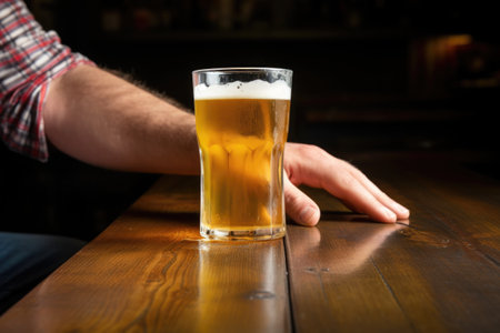 hand slapping a wet pint of lager beer down on a table, created with generative aiの素材