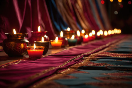 diminishing perspective of diwali lamps on a velvet cloth, created with generative aiの素材