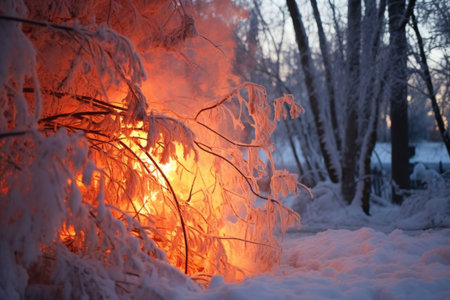flames from a bonfire flickering on frost-covered trees, created with generative aiの素材
