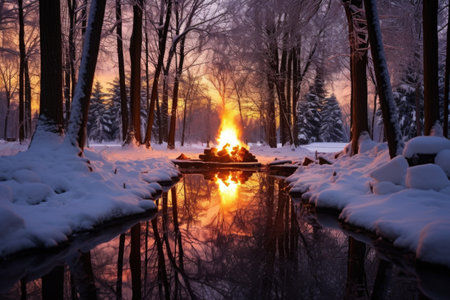 a bonfire reflecting off nearby snow-covered trees, created with generative aiの素材