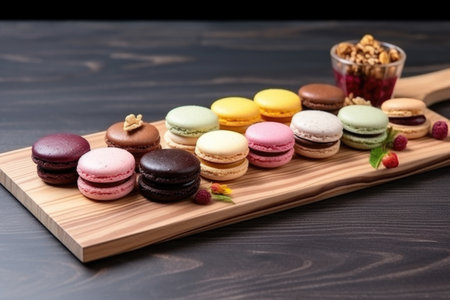 macarons with various fillings arranged on a brown wooden board, created with generative aiの素材