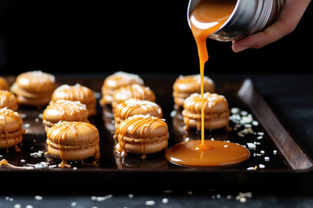 hand drizzling caramel over salted caramel macarons on a silver tray, created with generative aiの素材