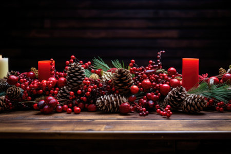 creating centerpiece of pinecones and winter berries, created with generative aiの素材