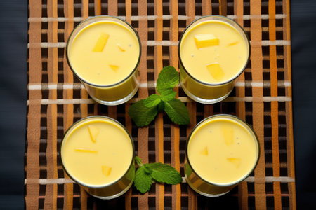 trio of mango lassi in an arranged square pattern on a checkerboard, created with generative aiの素材