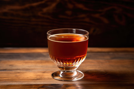 manhattan cocktail on wood table with grain texture, created with generative aiの素材